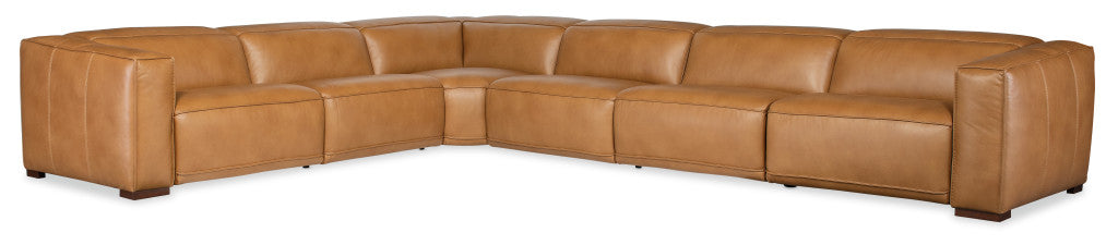 Fresco power reclining sectional with caramel leather upholstery