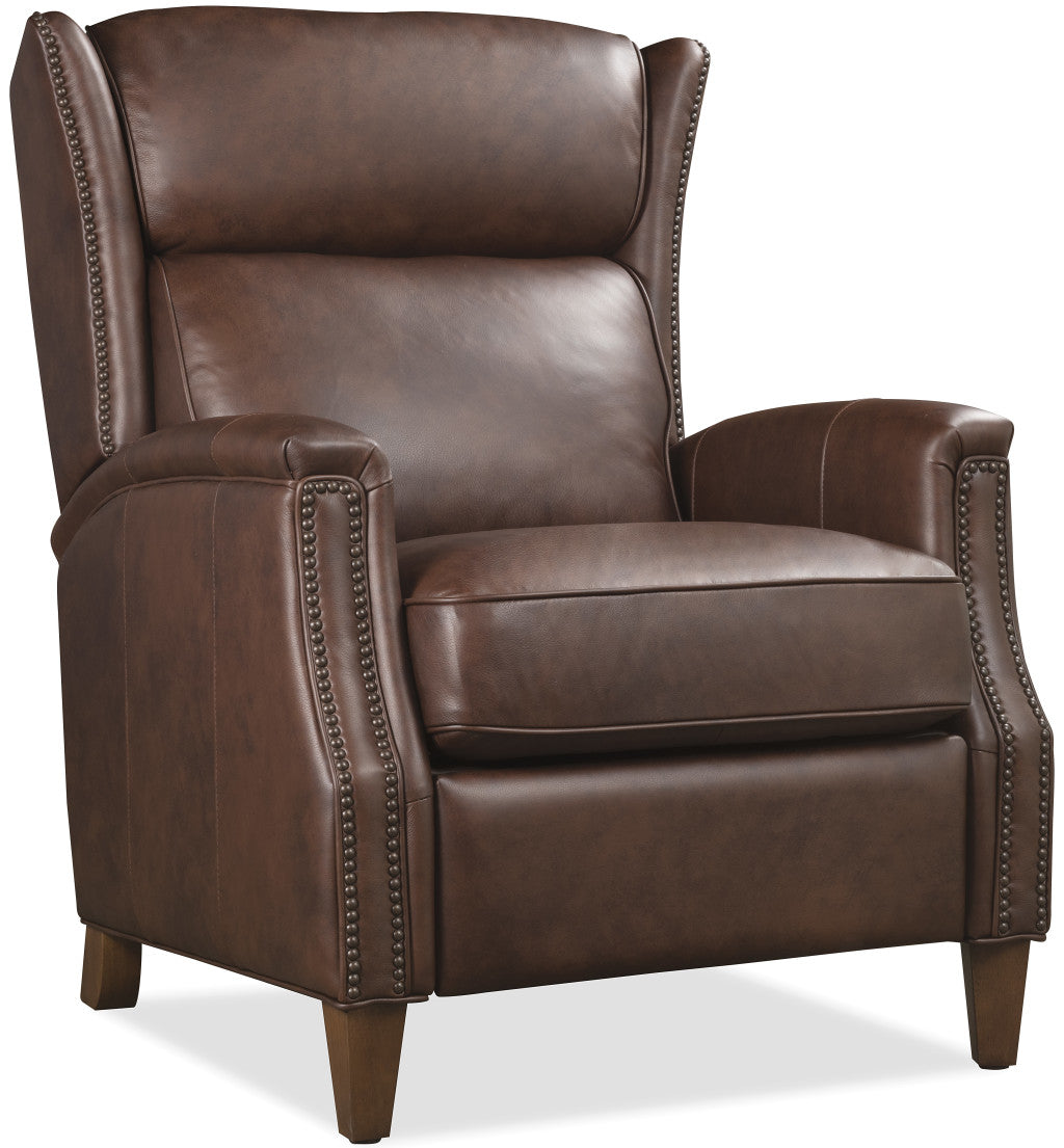 Lansing wingback leather recliner with power headrest in Enna Cognac semi-aniline top grain leather by Knight Furniture.