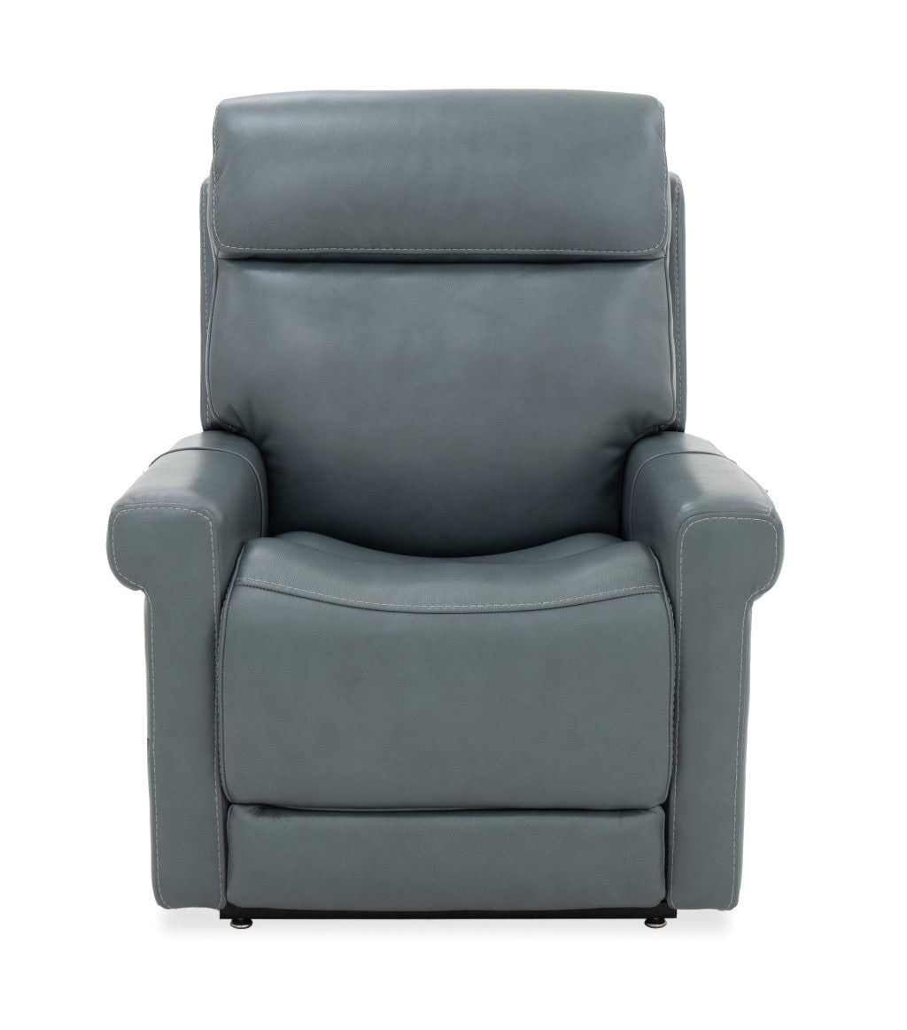 Leather lift recliner chair featuring power recline, supportive bustle back, and ergonomic cushioning.
