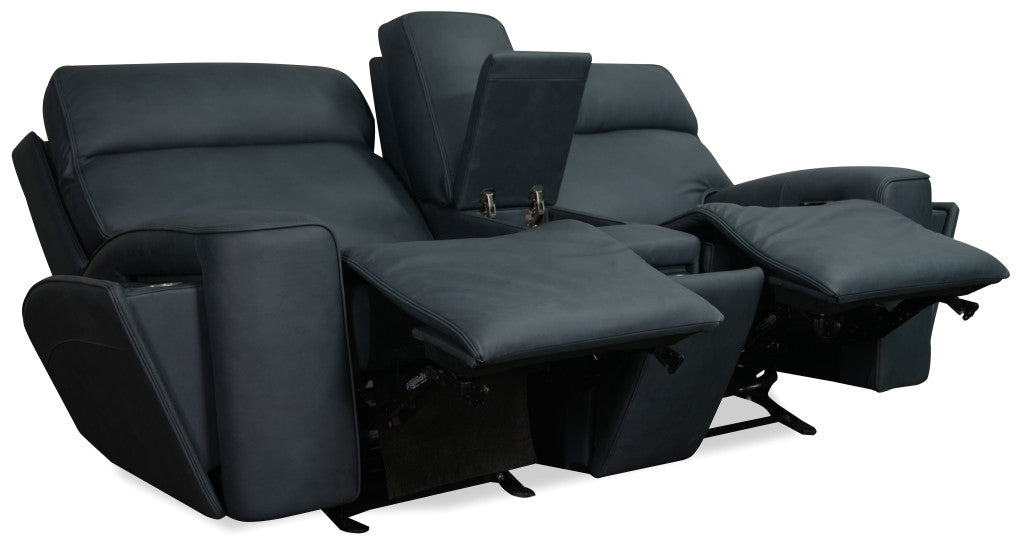 Leather reclining loveseat upholstered in premium semi-aniline leather.