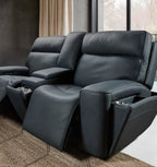 Power loveseat with adjustable headrests and built-in storage console.