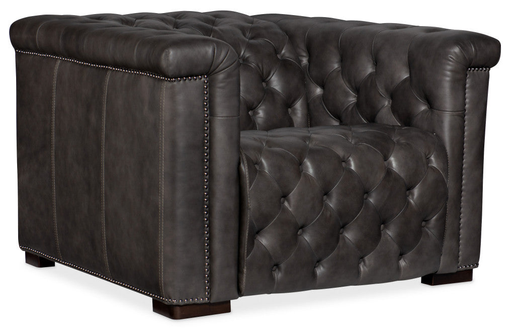 Knight Furn Savion Grandier tufted leather recliner with power headrest, top grain leather, button tufting, and nailhead trim.