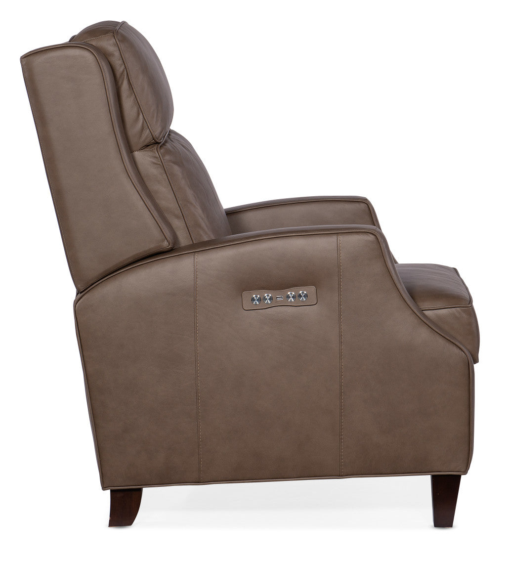 Side view of Tricia leather power recliner showing power reclining function