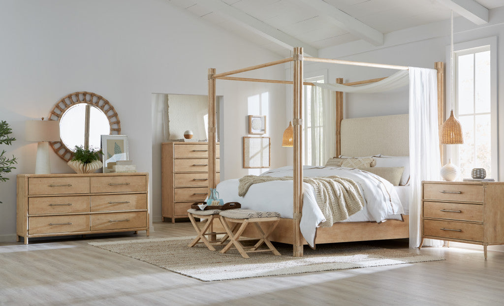 Retreat Pole Rattan King Upholstered Poster Bed withCanopy