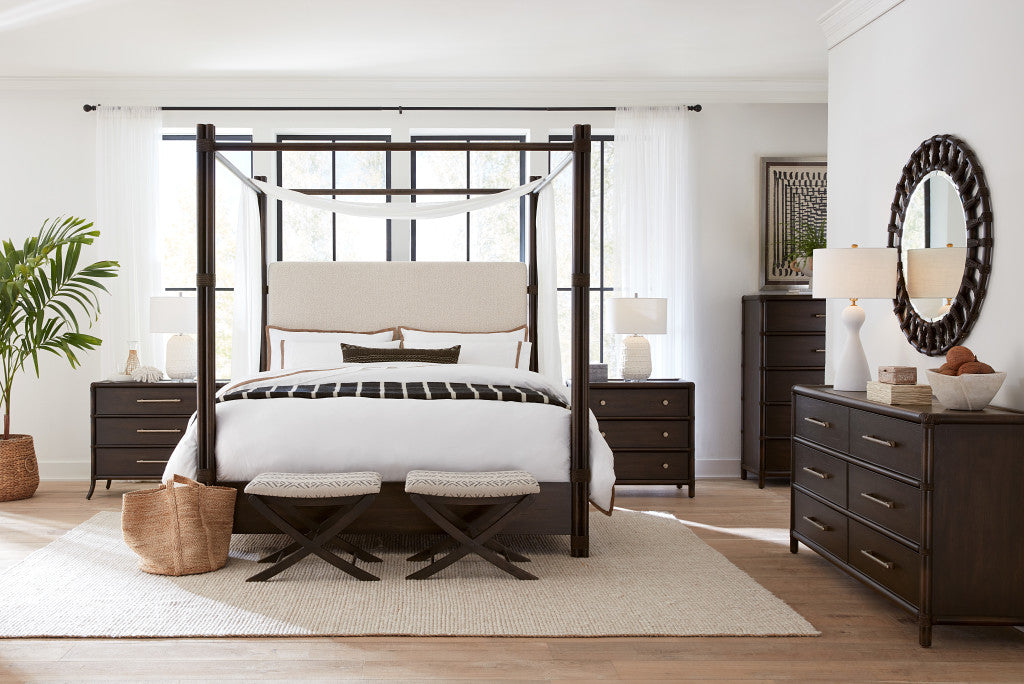 Retreat Pole Rattan King Upholstered Poster Bed withCanopy